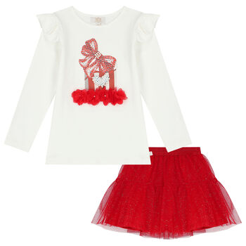 Girls White & Red Tulle Skirt Set